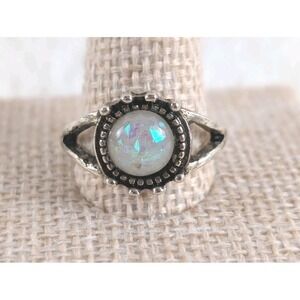 Vintage Silver Tone Ring Synthetic Opal Cabochon Boho‎ Beaded Halo Size 7